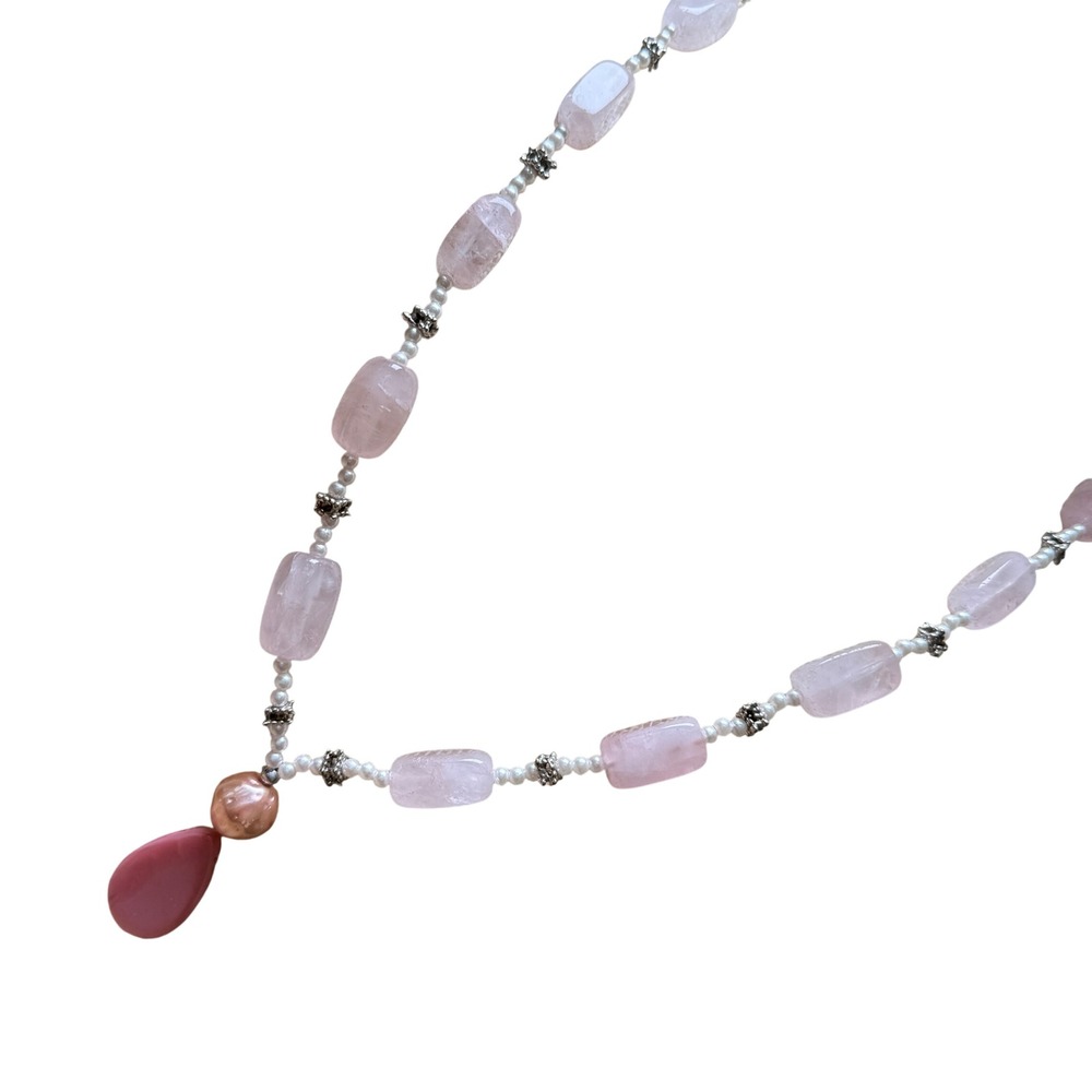 Boho Romantic Rose Quartz Pearl Fairycore Coquette Statement Necklace piece